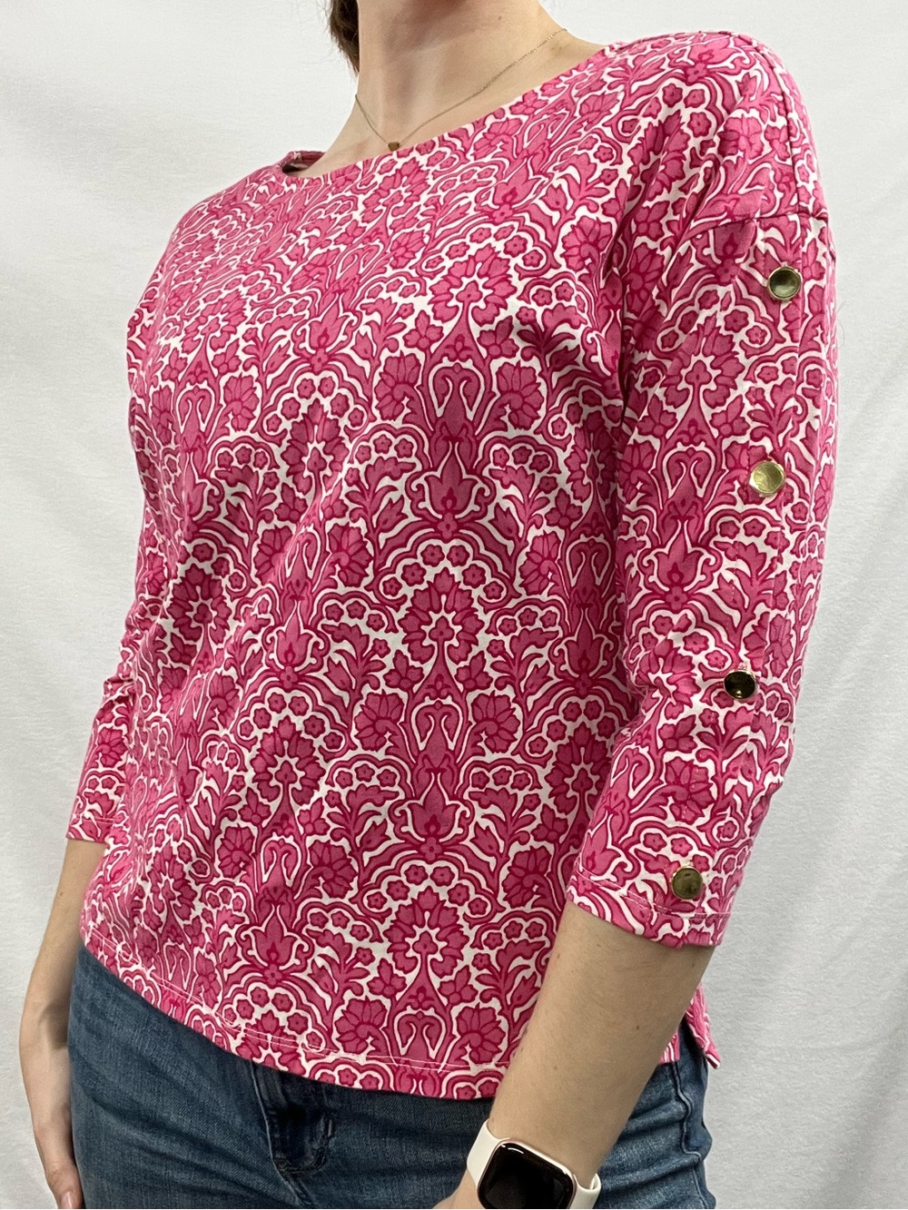 Talbots Pink and White Patterned Tunic with Gold Button Trim